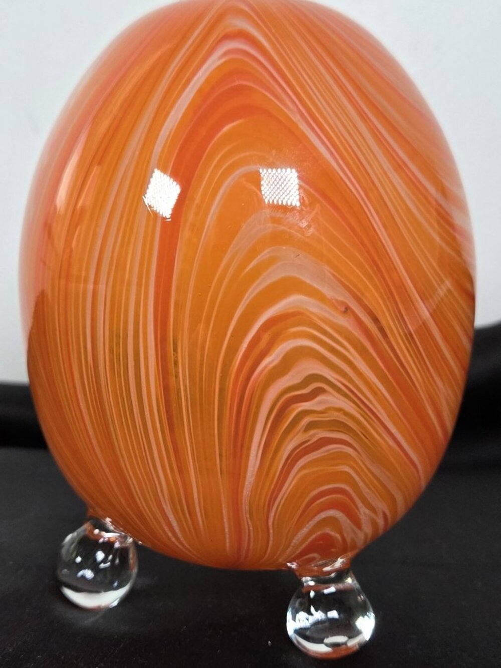 Orange Swirl Art Glass Egg Paperweight Hand-Blown 3-footed